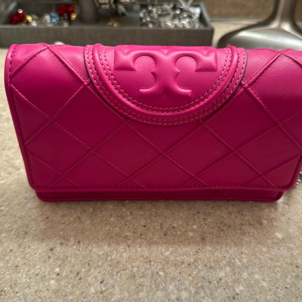Tory Burch Fleming soft leather wallet on a chain used “prickly pear” color